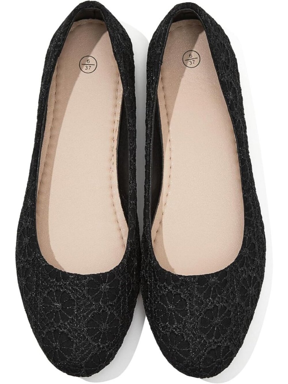 Women's Black Round Toe Lace Mesh Ballet Flats Comfortable Low Heel Shoes